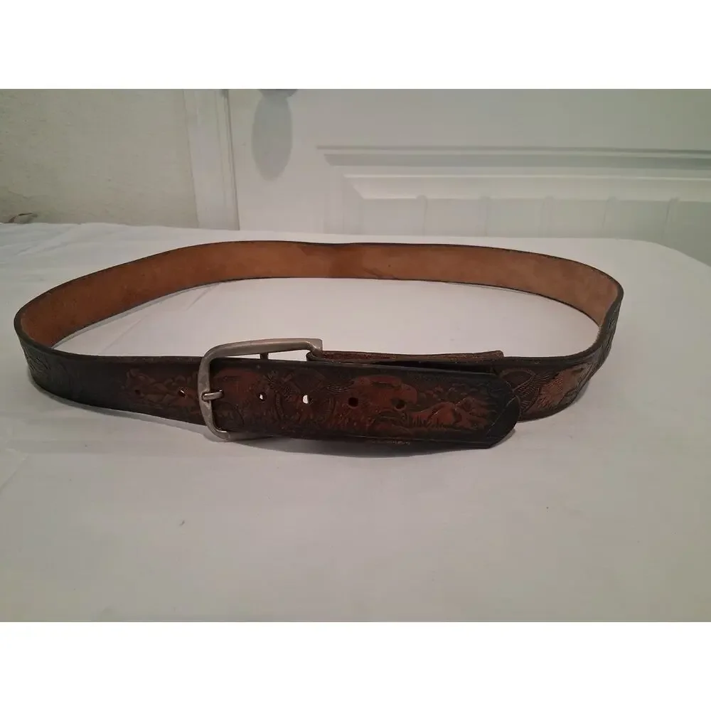 Vintage Tooled Leather Belt American Bald Eagle Mountain Scene Western Sz 42 44